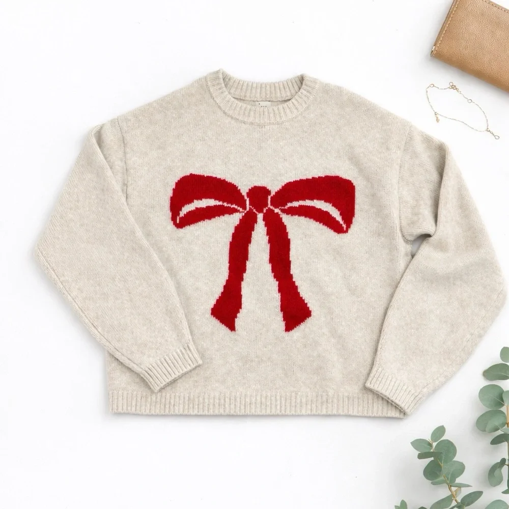 a new day Beige Sweater with Red Bow